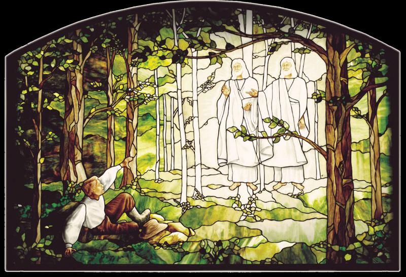 Stained glass depicting the First Vision that Joseph Smith had of seeing Heavenly Father and His son, Jesus Christ.